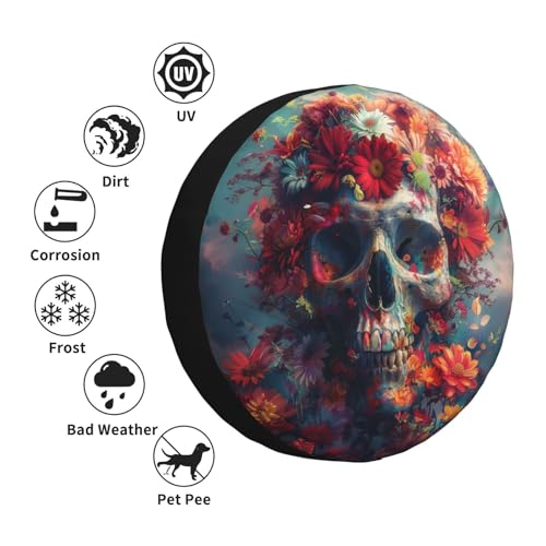 Image of Halloween Spare Tire Cover Skull with Flowers Tire Cover Universal Wheel Protectors Wheel Covers for Rv Camper Travel Trailer SUV Truck 16 Inch