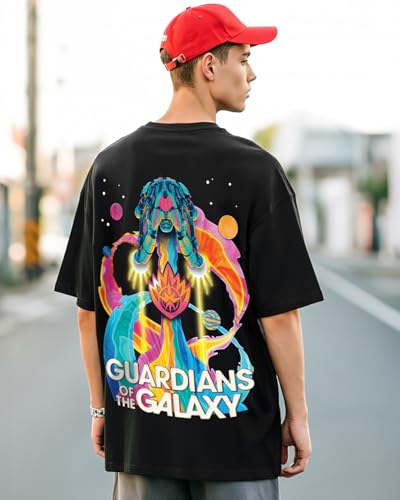 Image of Bewakoof Official Marvel Merchandise Guardians of The Galaxy Men's 100% Cotton 220 GSM Graphic Print Oversized Fit Round Neck T-Shirt