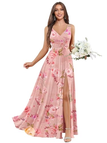 Image of BOLENSYE Floral Blush Sleeveless Bridesmaid Dresses Long Ruched Chiffon Evening Party Gown with Pockets Size8