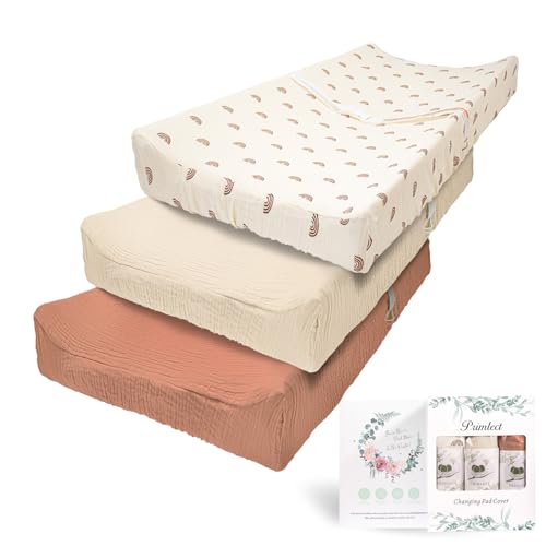 Image of Primlect Muslin Changing Pad Cover for Boys Girls 100% Cotton Fitted Baby Diaper Changing Table 3 Pack Soft and Breathable for Standard Changing Table Topper 32"x16"