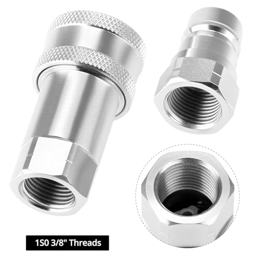 Image of QWORK Hydraulic Quick Connect Couplers, Set of 2, 3 /8 inch NPT Thread and 3 /8 inch ISO Body, 4,000 PSI, 12.15 GPM Maximum Flow, Hardened Steel with Dust Caps