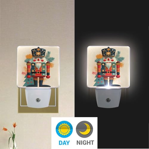 Image of Nutcracker Christmas Print Night Lights 2 Pack Plug-in Wall Led Nightlight Auto Dusk-to-Dawn Sensor Lamps for Bedroom Kitchen Bathroom