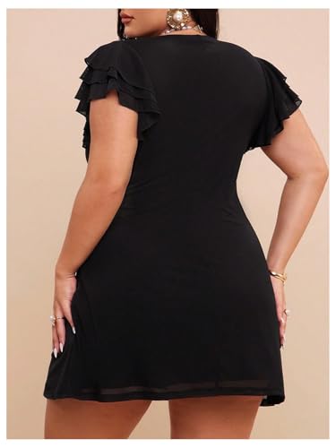 Image of BEAUDRM Women's Plus Size Cocktail Floral Short Dress Deep V Ruffle Short Sleeve Bodycon Mesh Wedding Guest Party Dresses