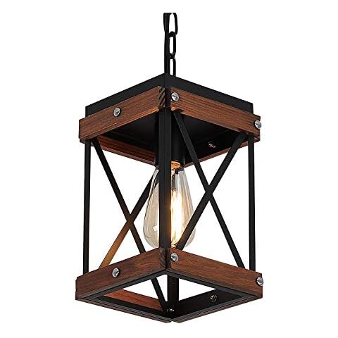 Fivess Lighting Rustic Farmhouse Pendant Light with Wood and Metal Cage, One-Light Adjustable Chains Industrial Mini Pendant Lighting Fixture for Kitchen Island Cafe Bar, Black Cover