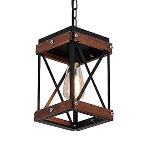 Fivess Lighting Rustic Farmhouse Pendant Light with Wood and Metal Cage One Light Adjustable Chains Industrial Mini Pendant Lighting Fixture for Kitchen Island Cafe Bar Black