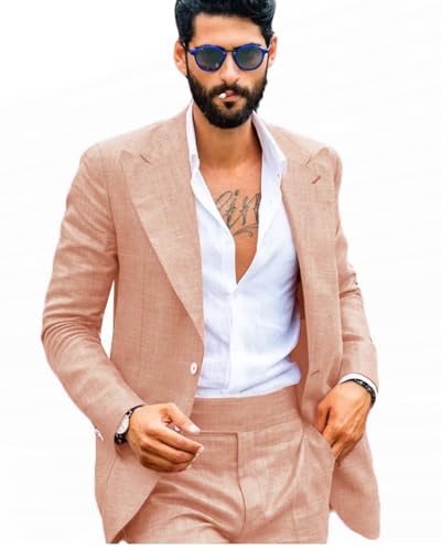 ORBITRAY Men's Linen 2-Piece Suit 2025 Spring Summer Breathable Wedding Business Blazer Pant Set Lightweight