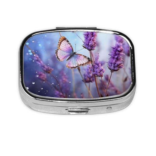 ピルボックス バタフライオン パープル フラワー スクエア ピルケース ミニ メタル トラベル ピルボックス 財布用 小型 かわいい 2 コンパートメント 薬 ピル オーガナイザー ポータブル ピル 容器 ホルダー 毎日の薬 ビタミン