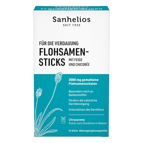 Sanhelios Semillas de psyllium indias | 15 prácticos palitos para remover en agua | con higo y achicoria | fibra dietética para la digestión y el equilibrio intestinal | heces blandas y actividad