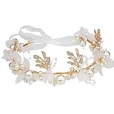 AOPRIE Pearl Flower Headband for Women Girls Wedding Wreath Floral Garland Halloween Party Event Supllies Favors Gold White, 1 Pack
