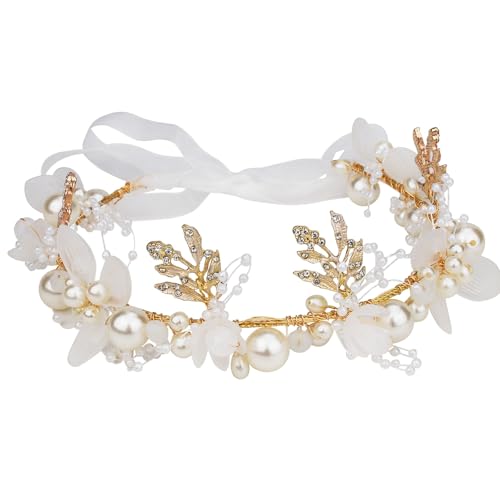 AOPRIE Pearl Flower Headband for Women Girls Wedding Wreath Floral Garland Halloween Party Event Supllies Favors Gold White, 1 Pack