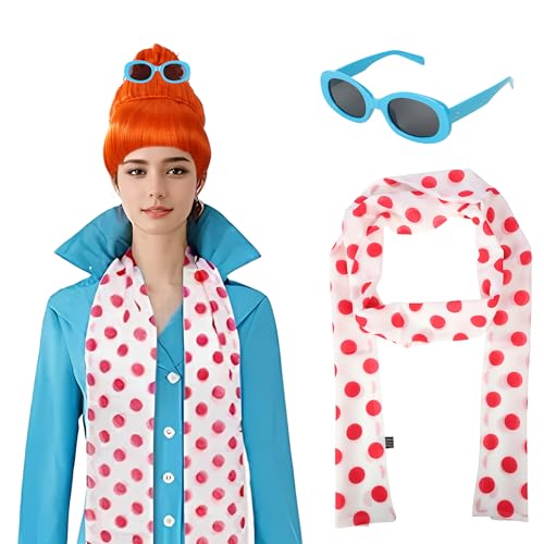 Zrycn 4PCS Orange Wig with Blue Round Glasses & Pink Polka Dot Scarf Set Costume Accessories for Halloween Costume Women Cosplay Party