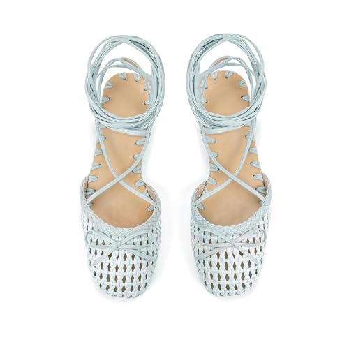 Image of Woven Ballet Flats for Women Lace Up Closed Square Toe Summer Sandals Dressy Shoes