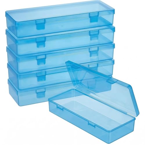 Image of 6 Pack Blue Plastic Storage Boxes with Hinged Lids, 6x2.6x1.2 Inches Long Rectangular Organizer for Diamond Art Accessories, Beads, Crafts
