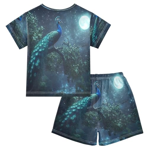 ALAZA Blue Green Peacock Moon Pajamas Set Short Sleeve Cotton Sleepwear Summer Pjs 2 Piece 5-14Y2
