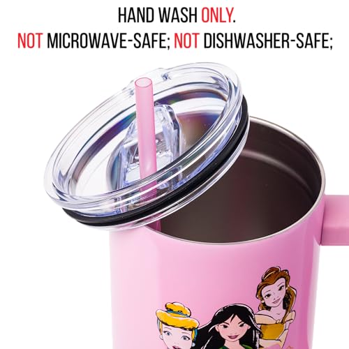 Image of Silver Buffalo Disney Princess Featuring Cinderella, Mulan, Belle, Ariel, Tiana, and Jasmine Double Walled Stainless Steel Tumbler with Handle and Straw, Fits in Standard Cup Holder, 40 Ounces