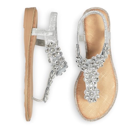 Image of iCKER Women Flat Thong Sandals Rhinestone Sparkly Boho Elastic Ankle Strap | Elastic ankle strap，non‑slip,matches summer dresses,for vacation,wedding,evening and festival