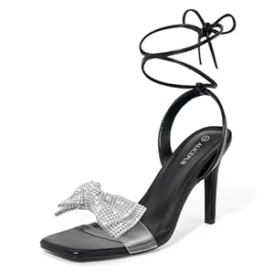ALICEPUB Sparkly Rhinestone Bow Heels Sandals Stiletto Lace Up Clear Heels For Women Sexy Square Toe Prom Heels Wedding Shoes