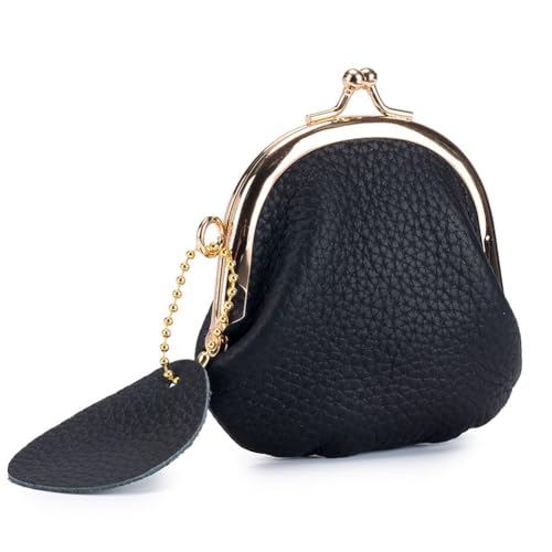 AprinCtempsD Petit Porte-Monnaie Femme en Cuir Véritable Mini Portefeuille avec Fermoir à Clip Kiss Lock pour Bijoux Écouteurs Clés (Noir)