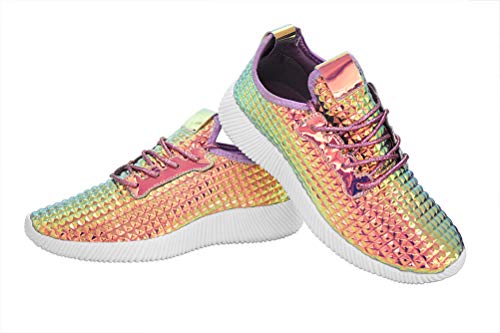 ROXY-ROSE Women Lightweight Metallic Hologram Laced Pyramid Leatherette Studded Jogger Casual Sneaker3