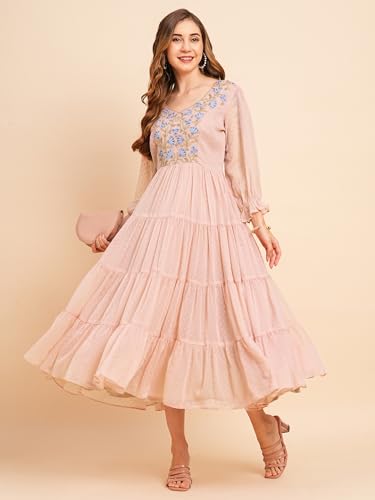 Image of RATAN Women's Floral Embroidered Puff Sleeve Chiffon Flared Tiered Kurta Gown Maxi Dress