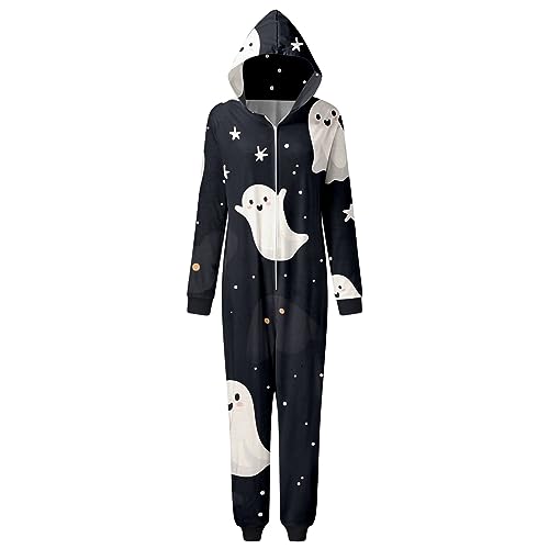Family Matching Halloween Pajamas Set Spooky Ghost Print One Piece PJs Sets Holiday Zip up Hooded Jumpsuits for Couples2