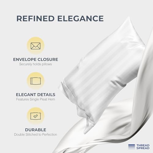Image of THREAD SPREAD 100% Egyptian Cotton Damask Sheets Queen Size - Luxury 1500 Series Queen Sheet Set Egyptian Cotton (4 PC, White Stripe), Silky Soft, Sateen, Cooling & Breathable, 17 inch Deep Pocket Bed Set