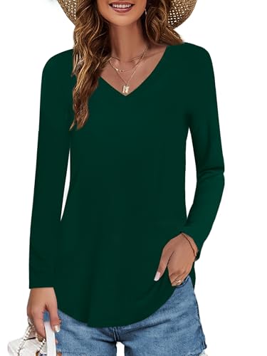 Image of Elesomo Womens T Shirts V Neck Summer Short /Long Sleeve Cotton Tops Tees