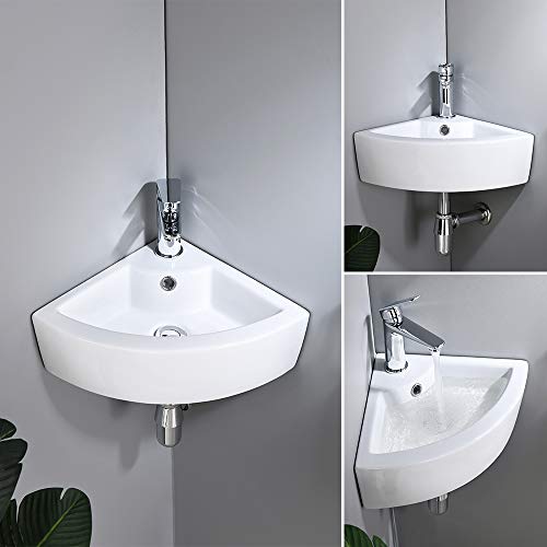 Vokim Small Corner Wall Mount Bathroom Sink And Faucet Combo With Overflow White Porcelain Ceramic Above Counter Mini Vanity Vessel Sink With Chrome Faucet And Pop-Up Drain Combo #TOP2