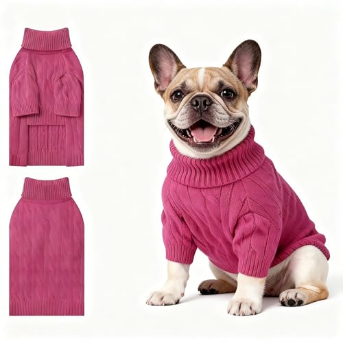 Image of Small Dog Thermal Pullover Sweater, Classic Turtleneck Cable Knitwear Dog Clothes for Cold Weather Warm Pet Clothes for Chihuahua, Bulldog, Dachshund, Pug Hot Pink Large