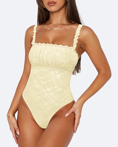 Saslax Women's Sexy Square Neck Lace Sleeveless Bodysuit Tank Tops Double Lined Body Suit Thong Outfits