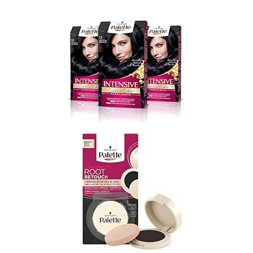 Palette Intensive, Tinte 1.1 cabello Negro Azulado (Pack de 3) + Palette Compact Root Retouch Retoca Raíces polvo compacto – Negro – Cubre Canas 1 unidad