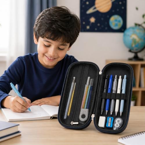 Image of Goyal's 3D Astronaut Geometry Pencil Pouch for Kids Boys Girls | Hard Shell EVA Pencil Case | Large Capacity Double Layer Geometry Box with Pen Slots & Mesh Pocket | Waterproof School Organizer