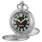 Whodoit Mechanical Pocket Watch, Luminous Arabic Numerals Dial Double Cover Pocket Watch with Chain for Men