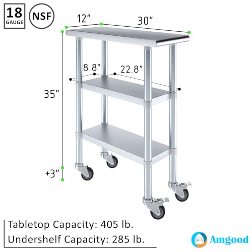 Image of AmGood Stainless Steel Work Table with 2 Shelves and Casters | Metal Utility Table On Wheels (Stainless Steel Work Table with 2 Shelves + Casters, 12 inch Long x 30 inch Deep)