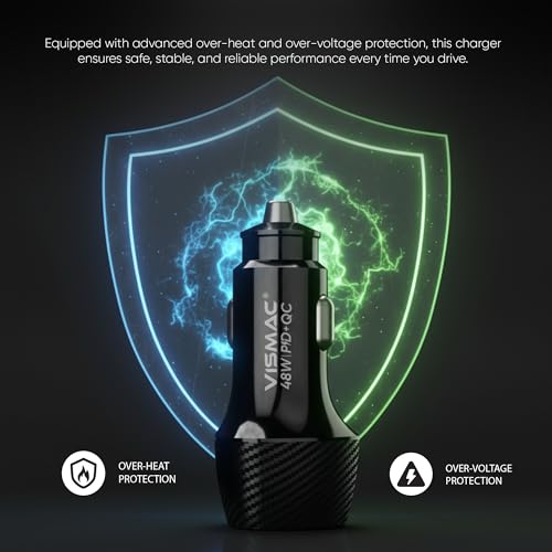 Image of Vismac 48W PD & QC Fast Car Charger | Dual Port USB-A & Type-C | Carbon Fiber Design | Smart LED Indicator | Quick Charge with Over Voltage, Temperature & Current Protection