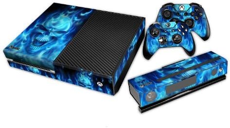 Skin for Xbox One Sticker Decal for X1 Custom Protective Stickers Xbox 1 Modded Game Accessories Console Kinect Sensor Vinyl Case Skins and 2 Wireless Remote Controllers - Blue Fire Skull