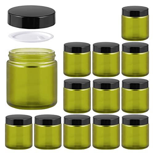 4oz Glass Jars with Lids, HOA Kinh 12 Pack Green Frosted Glass Jars with Lid Empty Cosmetic Containers Round Airtight Glass Jar with Black Lids for Storing Lotions, Powders, and Ointments by 11 Hoa Kinh - Used condition - US$16.22