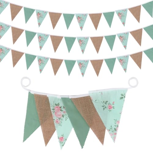 32Ft Sage Green Wildflower Burlap Bunting Banner Party Decorations, Floral Bunting Fabric Triangle Flag, Pennant Hessian Garland Streamer for Birthday Wedding Hanging Bunting Decor