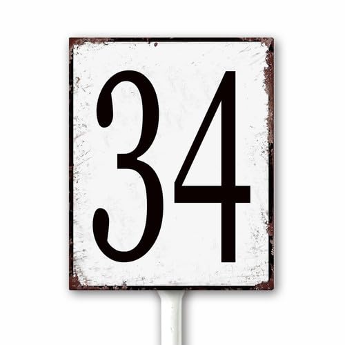 Aluminum Number Sign 34 Metal Numbered Yard Sign With Stake Outdoor for Tennis Court, Parking Lots, Floor, Dock, Court, Aisle, Field, Farm 18x22 CM High Visibility Rust Free (Retro White) — image 1