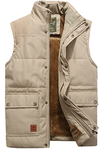 VtuAOL Men's Casual Outdoor Padded Vest Fleece Stand Collar Sleeveless Jackets Khaki Asian L/US S