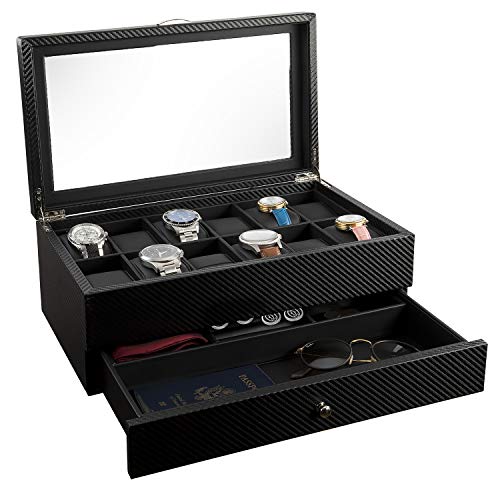 HAUTEROW Mens Watch Box Case Organizer| Faux Leather Watches Jewelry Case| 12 Slots Watch Case storage with Valet Drawer for Sunglasses, Rings, Phone| Sleek Black Color, Glass Top, Carbon Fiber