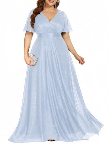 Ever-Pretty Plus Women's Glitter Plus Size Formal Dress Evening Gown V-Neck Short Sleeve Floor Length Mother of Bride Dresses Ice Blue US20