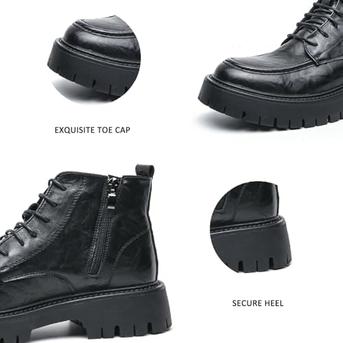Men's Textured Leather Platform Chunky Low Heel Combat Boots with Side Zipper Vintage Round Toe Lug Sole Non-Slip Lace-Up Motorcycle Boots Work Office Business Casual Oxfords3