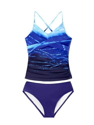 Image of Girls Swimsuit Tankini Criss Cross Ruched 2 Piece Bathing Suit Printed Girl Swimwear for Teens 9-16Y