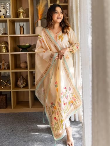 Image of VredeVogel Women's Viscose Silk Blend Straight Kurta Pant Set with Printed Dupatta for Festive & Casual Ethnic Kurta Sets