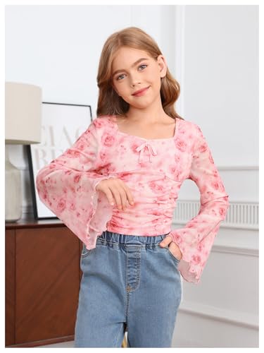 Image of Verdusa Girl's Floral Print Square Neck Lettuce Trim Long Bell Sleeve Ruched Tee Top