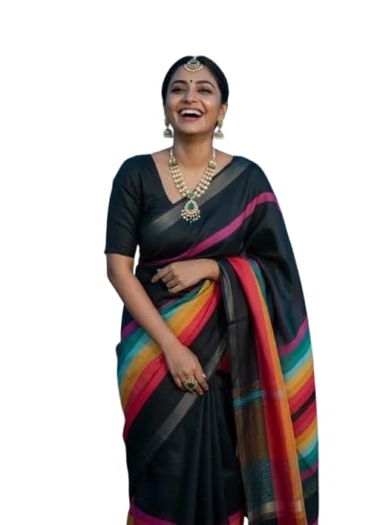 SajouriVastra Cotton Linen Saree, Black with Multicolor Print, Daily Wear, with Unstitched Blouse Piece-image-9