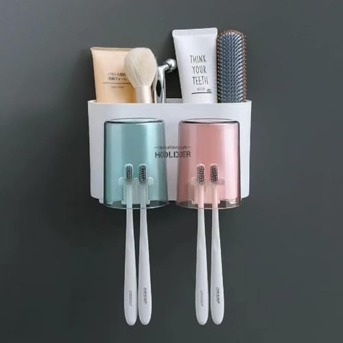 Image of Wall Mounted Tooth Brush Holder for Bathroom with 2 Mouthwash Cups | Bathroom Toothbrush Organizer | Multi-Compartment, Dustproof & BPA-Free Brush Holder for Bathroom Storage