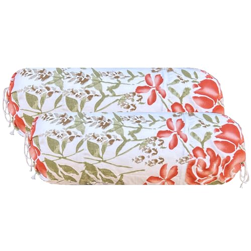 Image of Trance Home Linen Premium 16x32 Inches Bolster Covers Set of 2 |100% Cotton Anti-Pill 200 Tc Thread Count | Dewan Bed Round Pillow Cover with Tie Knot (Huvu Red - Pack of 2)