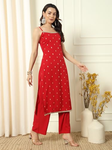 Image of FIORRA Women's Red Crepe Kurta and Palazzo Set with Matching Dupatta